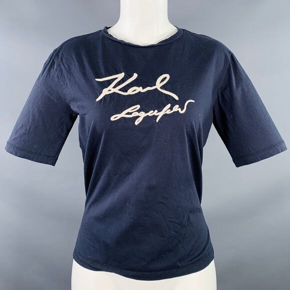 KARL LAGERFELD Size M Navy White Cotton Embroidered Logo Crew Neck T-Shirt - Picture 1 of 7